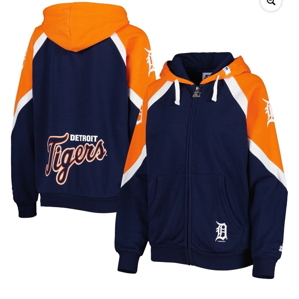 Women's Starter Navy/Orange Detroit tigers Hail Mary‎ Full-Zip Hoodie